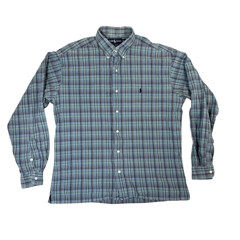 Ralph Lauren Greggor Mens Large Blue Green Plaid Cotton Button Down Shirt L